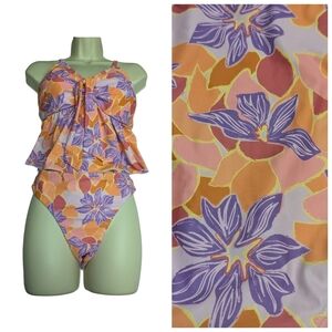 2/$25-Bikini-Flourescent Floral Print Highrise Bottoms & Tie Front Ruffled Tank